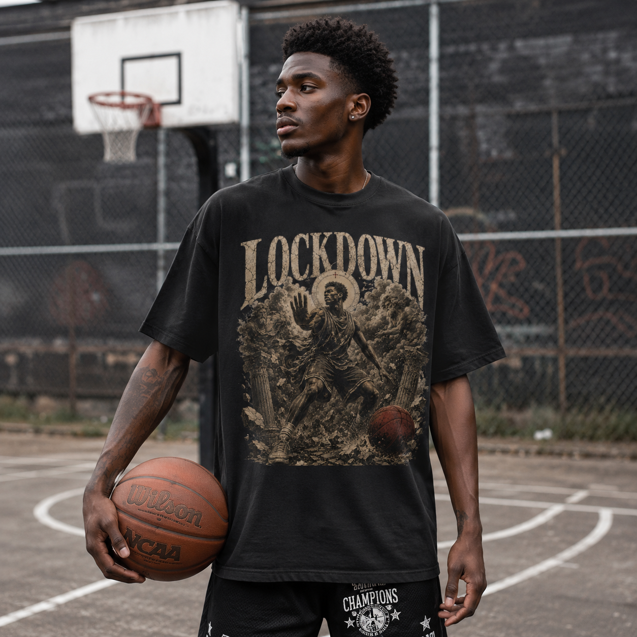 Person wearing a 'Lockdown' t-shirt holding a basketball on a court