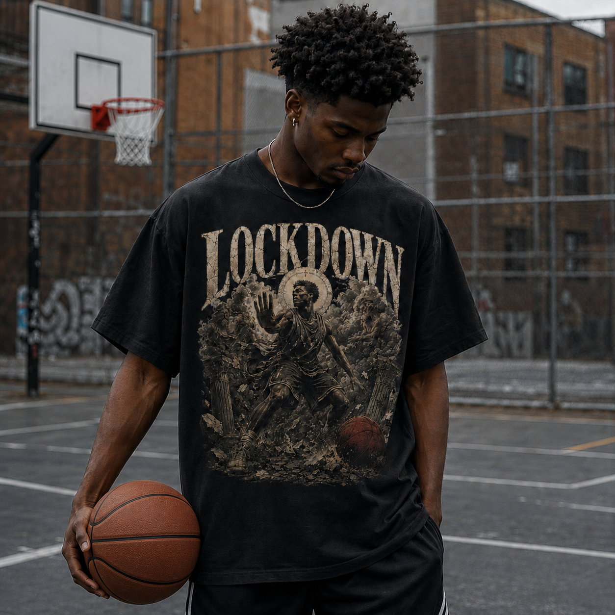 Person wearing a 'Lockdown' t-shirt holding a basketball on an outdoor court.