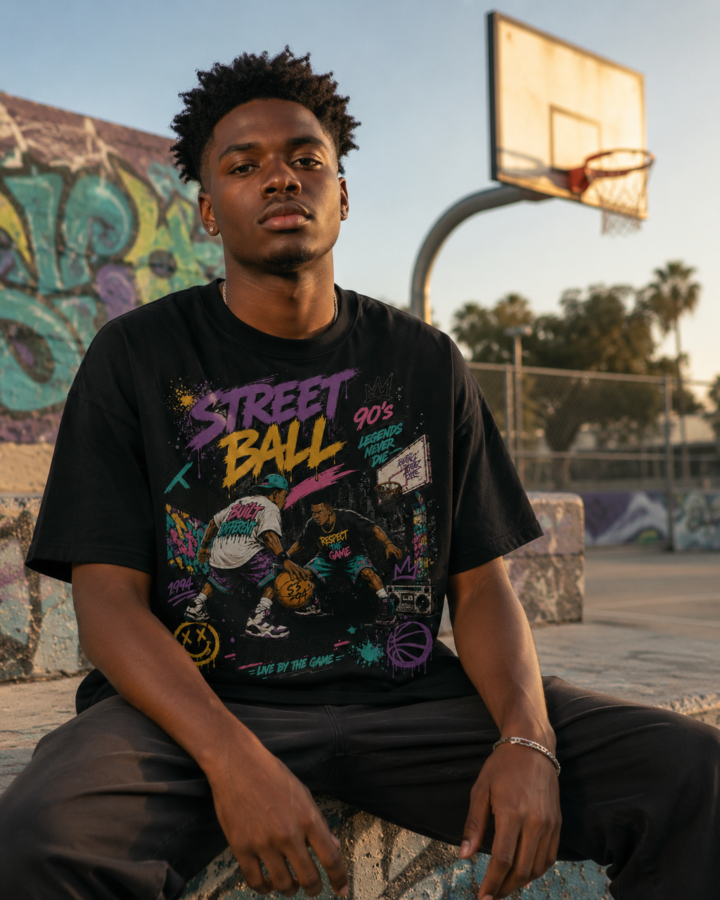 Person wearing a 'Street Ball 90s' t-shirt sitting on a bench with a basketball hoop and graffiti in the background.