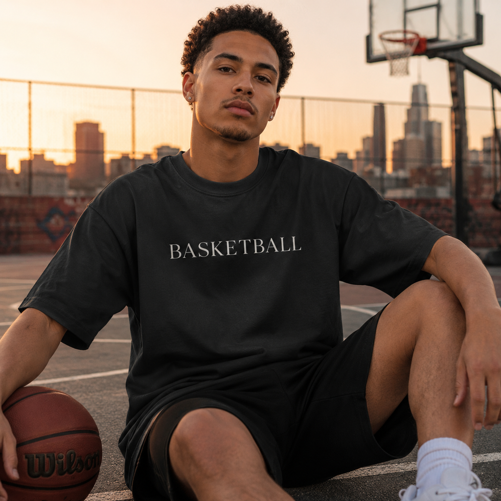 Person wearing a black 'BASKETBALL' t-shirt sitting on a basketball court with a city skyline in the background.