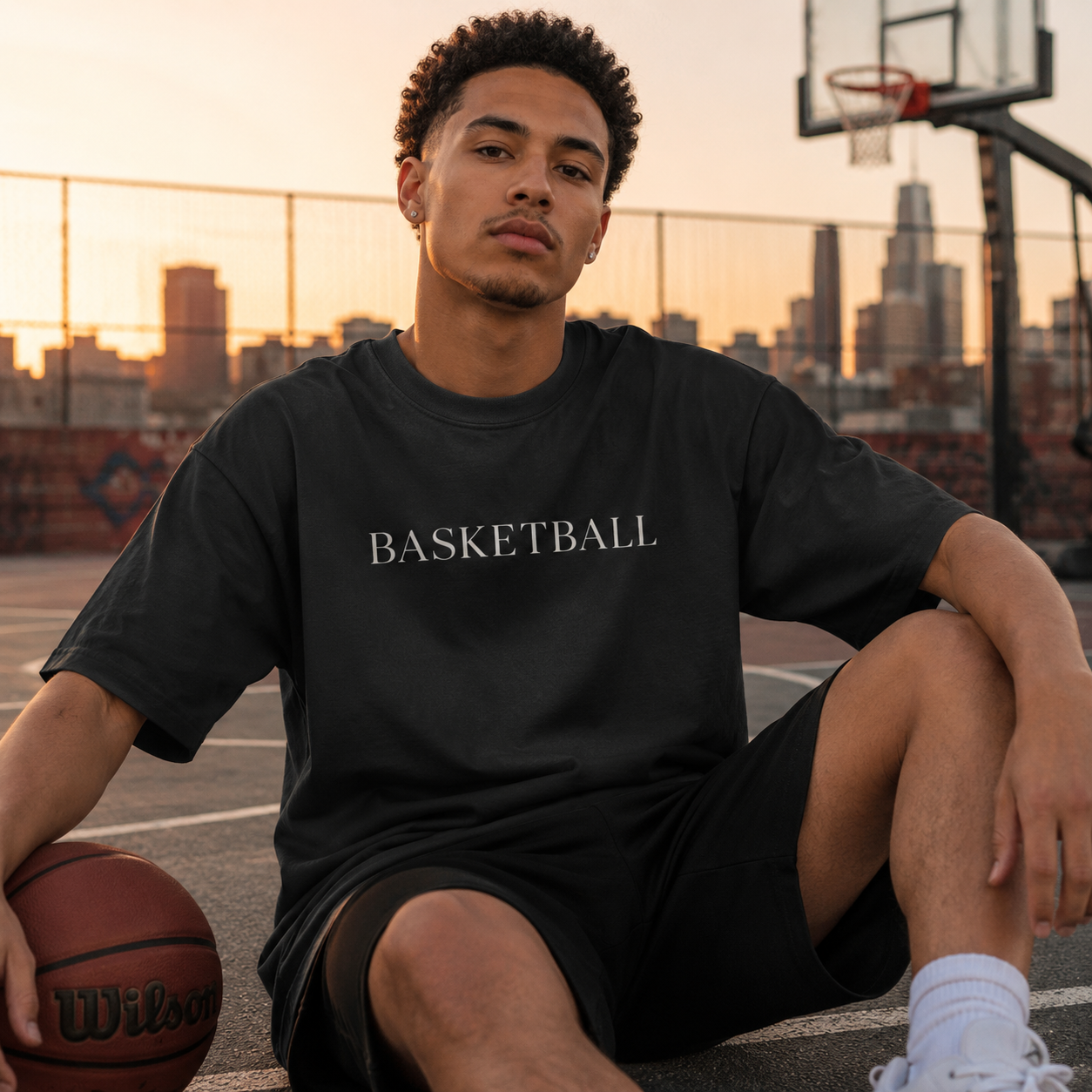 Person wearing a black 'BASKETBALL' t-shirt sitting on a basketball court with a city skyline in the background.