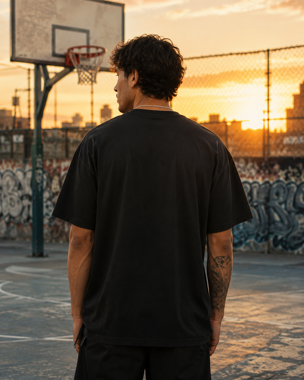 Person wearing a black t-shirt on a basketball court at sunset with graffiti in the background