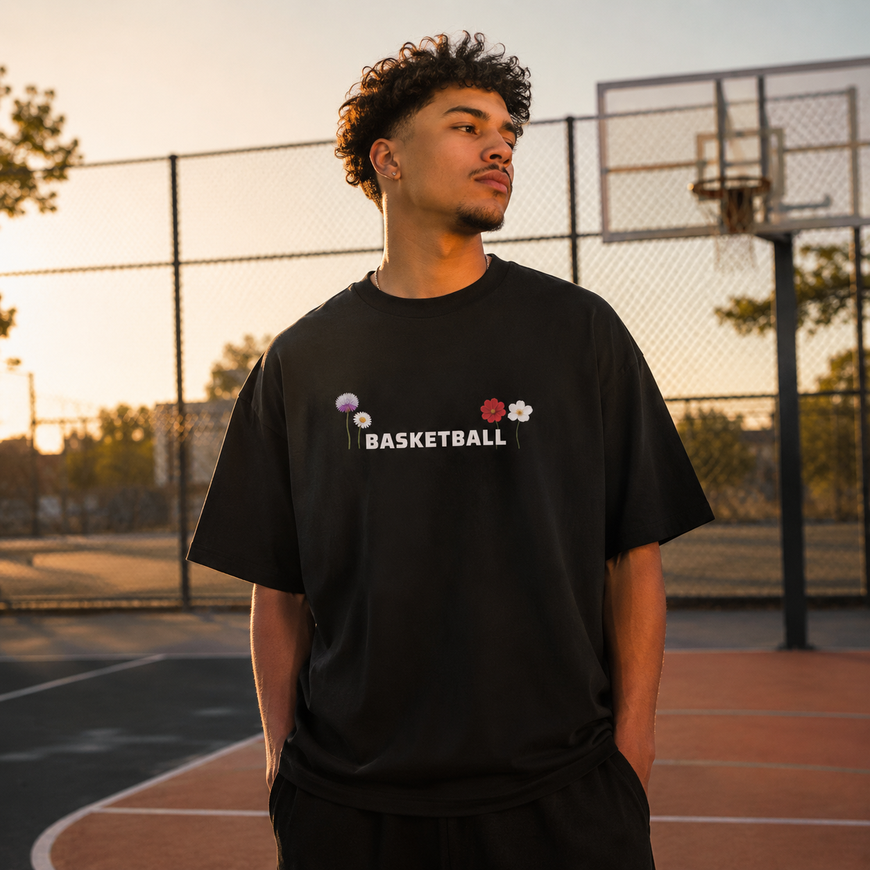 Person wearing a black t-shirt with 'Basketball' text on a basketball court at sunset.