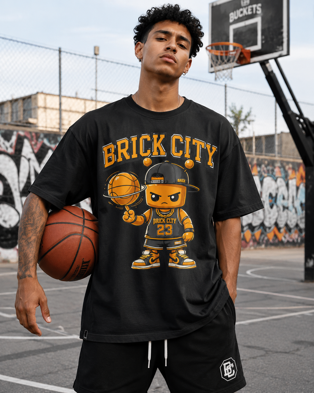 Person wearing a black t-shirt with 'Brick City' and a cartoon character holding a basketball on an outdoor court.
