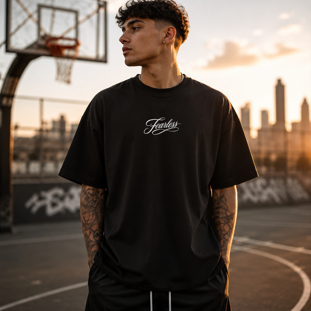 Person wearing a black t-shirt with 'Fearless' text on a basketball court with city skyline in the background