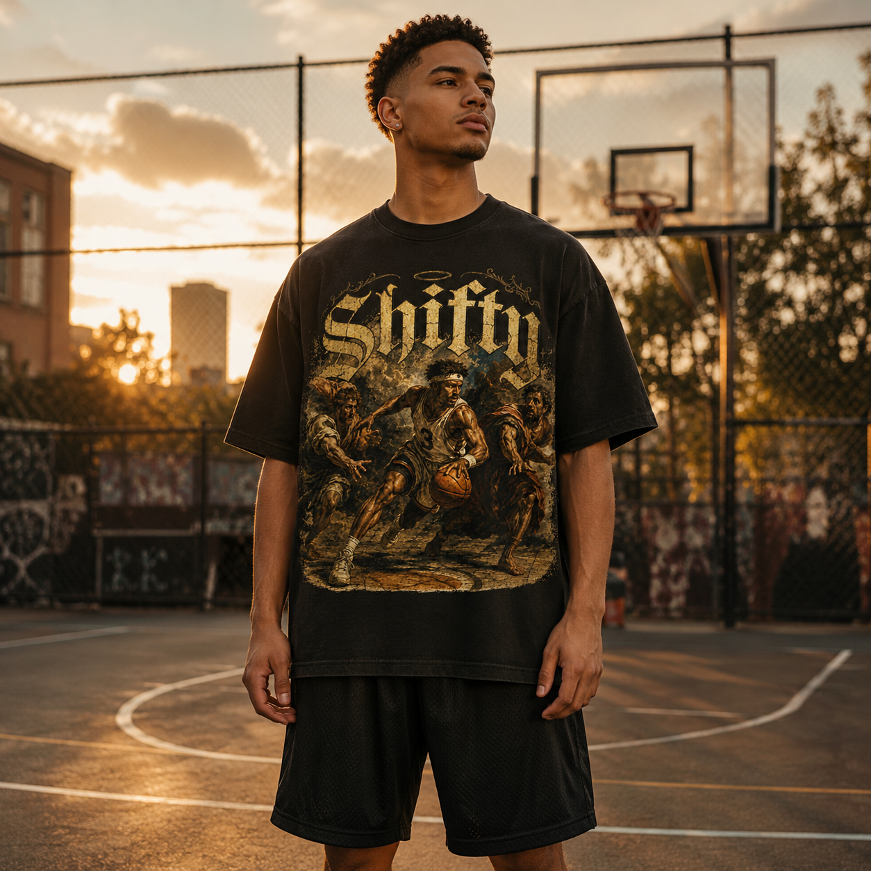 Person wearing a black t-shirt with 'Shifty' graphic design on a basketball court at sunset.