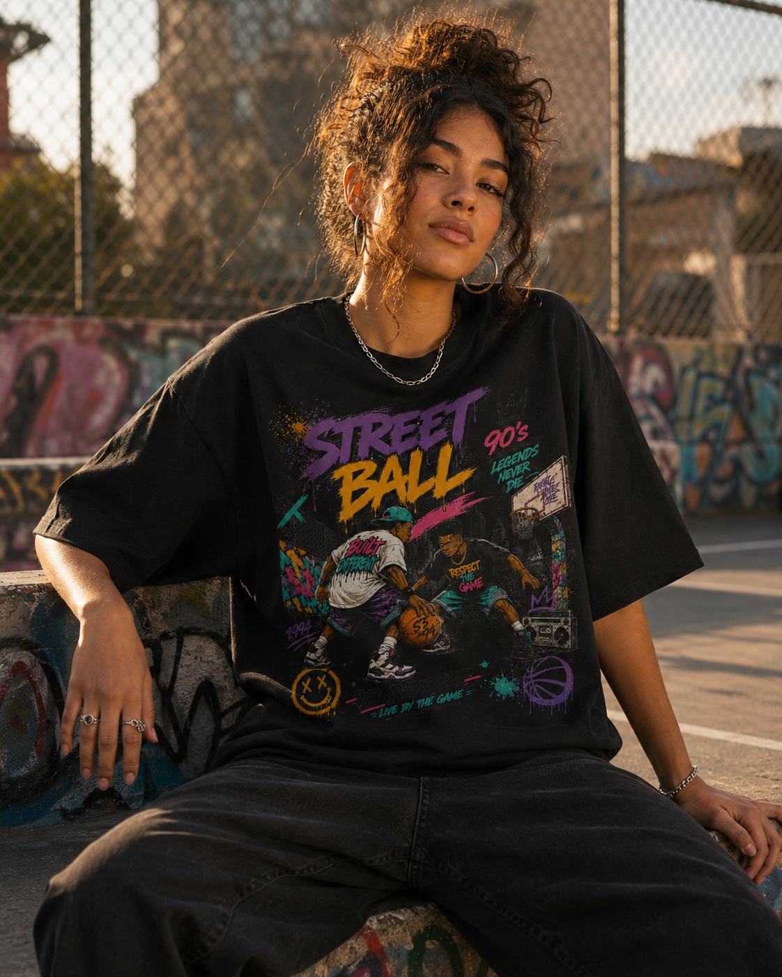 Person wearing a black t-shirt with 'Street Ball' graphic design, sitting on a bench with graffiti in the background.