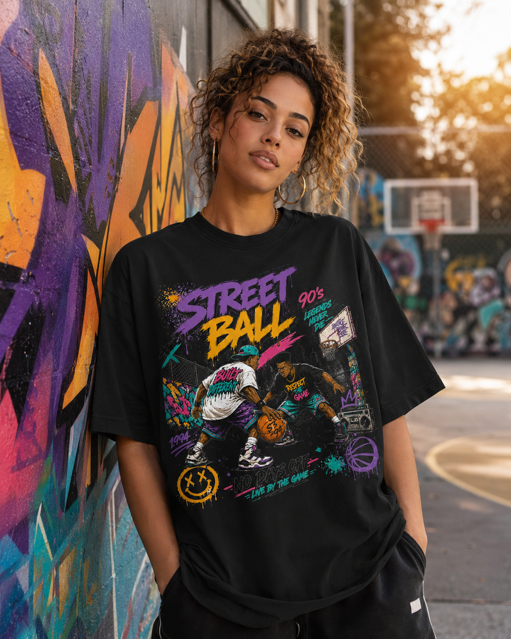 Person wearing a black t-shirt with 'Street Ball' graphic design, standing in front of a colorful mural.