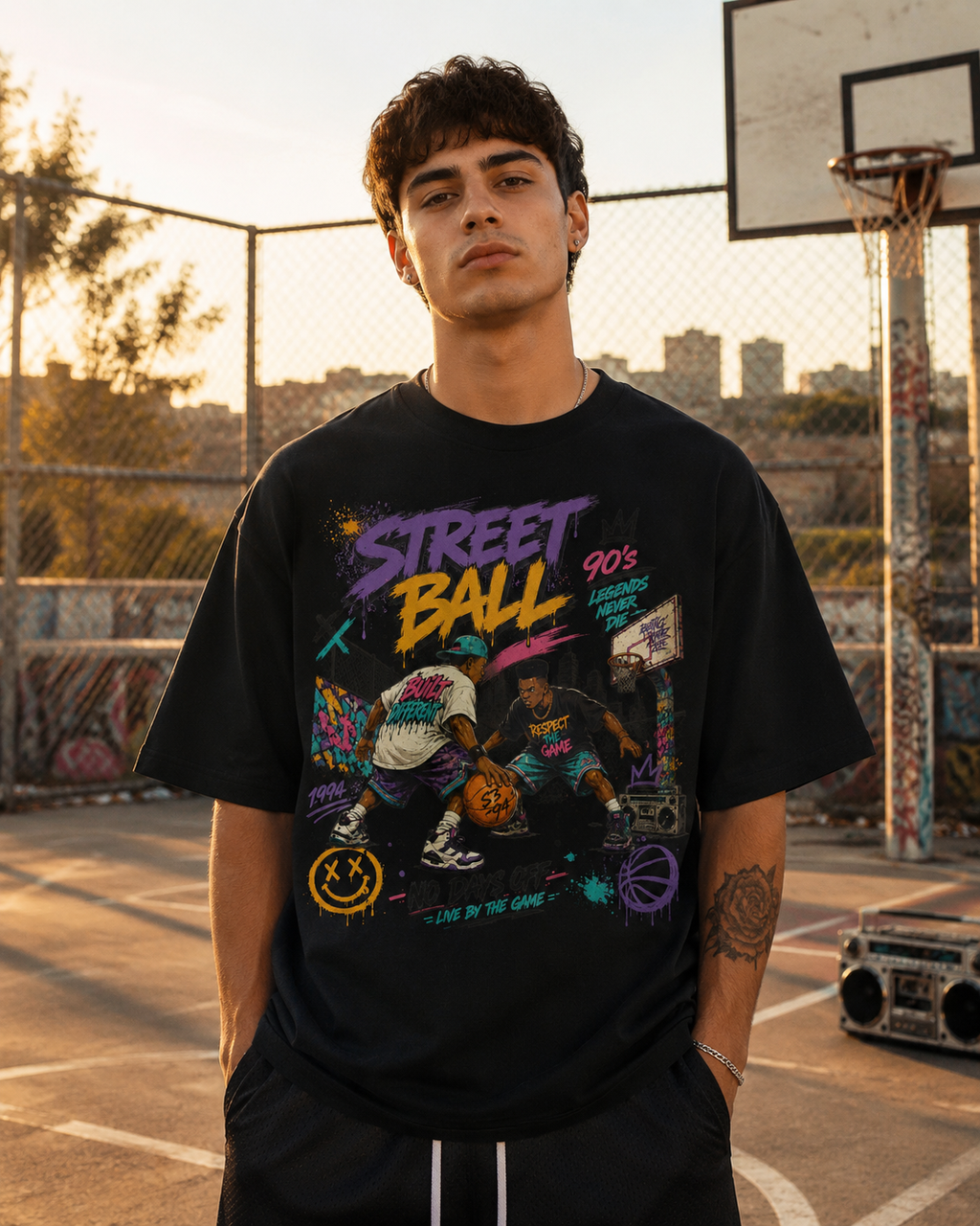 Person wearing a black t-shirt with 'Street Ball' graphic on an outdoor basketball court.