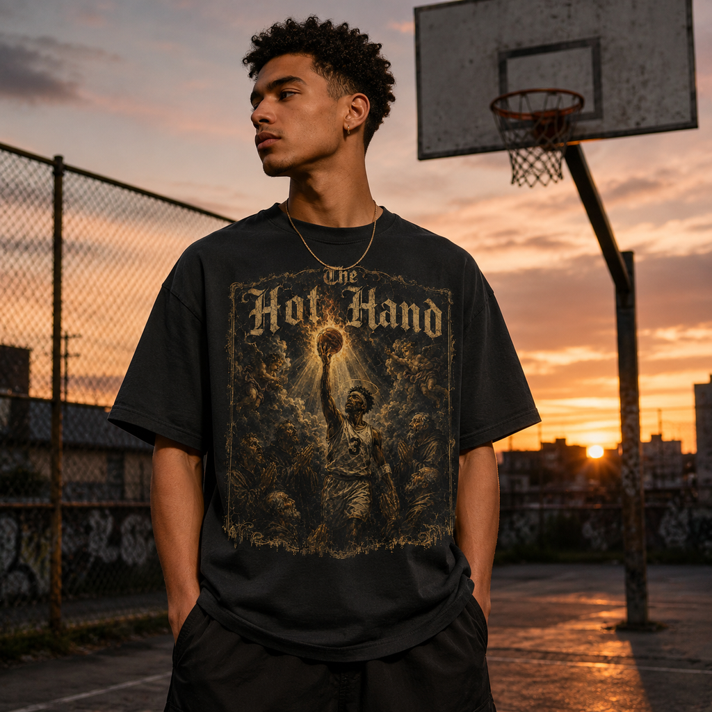 Person wearing a black t-shirt with 'The Hot Hand' design on a basketball court at sunset.