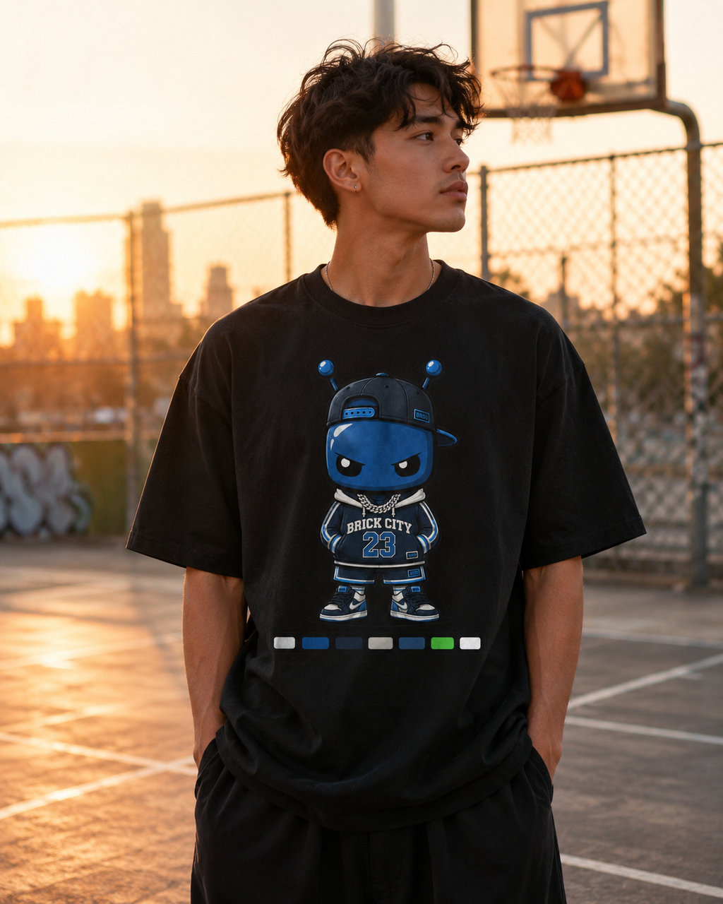 Person wearing a black t-shirt with a cartoon character on a basketball court at sunset.