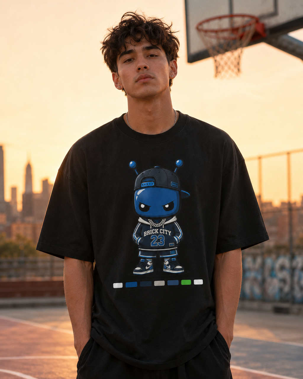 Person wearing a black t-shirt with a cartoon character on a basketball court with city skyline in the background