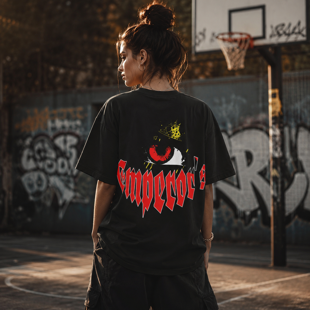 Person wearing a black t-shirt with a graphic design and text, standing on a basketball court with graffiti in the background.