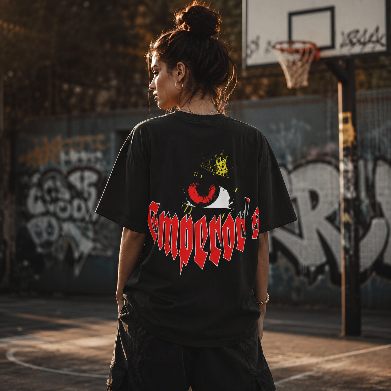 Person wearing a black t-shirt with a graphic design and text, standing on a basketball court with graffiti in the background.