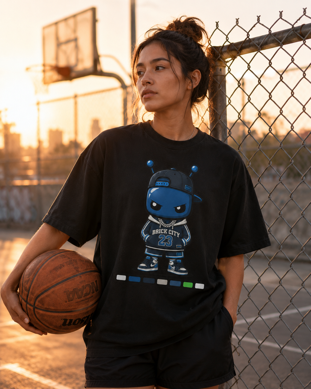 Person wearing a black t-shirt with a graphic design, holding a basketball on a court.