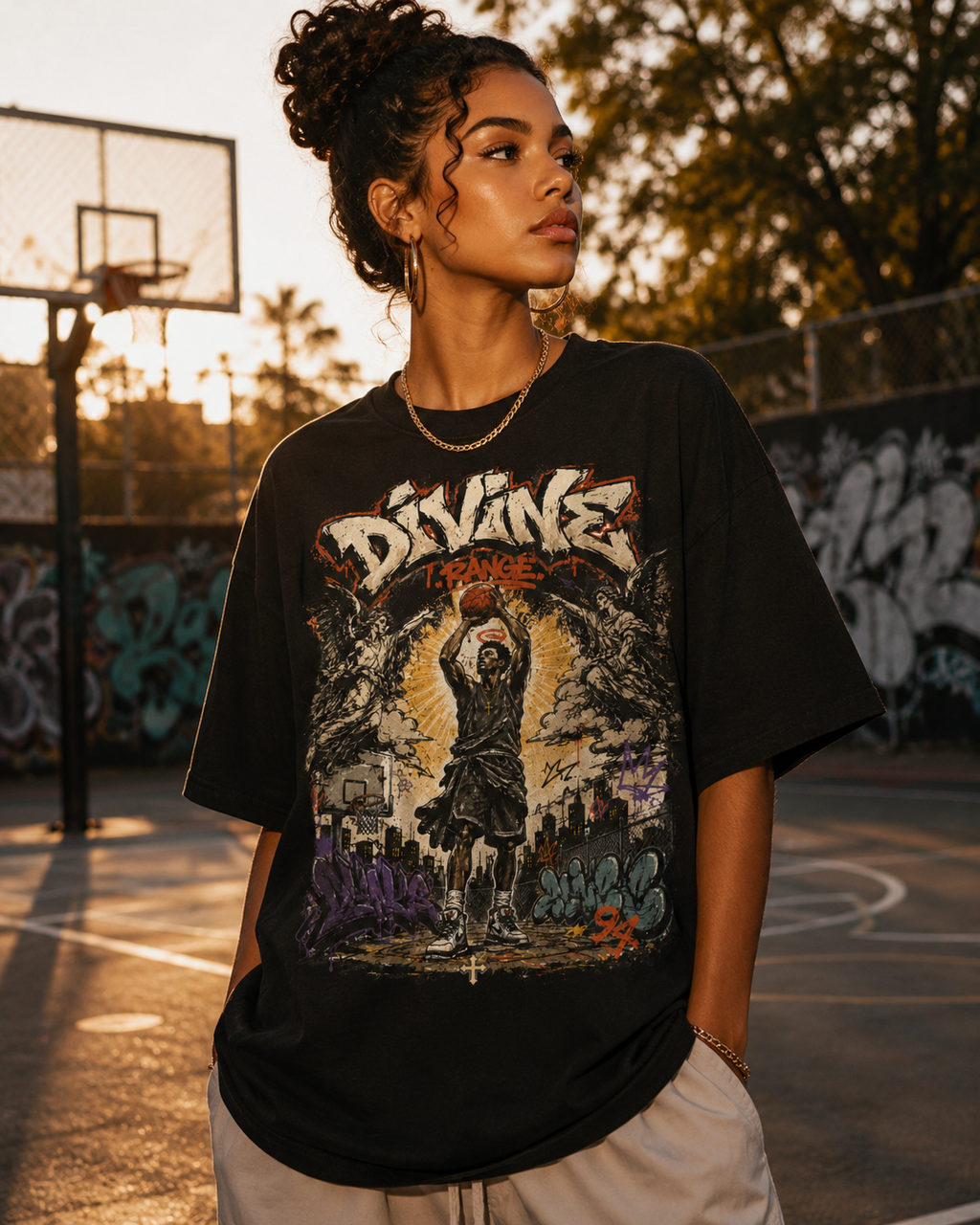 Person wearing a black t-shirt with a graphic design on a basketball court.