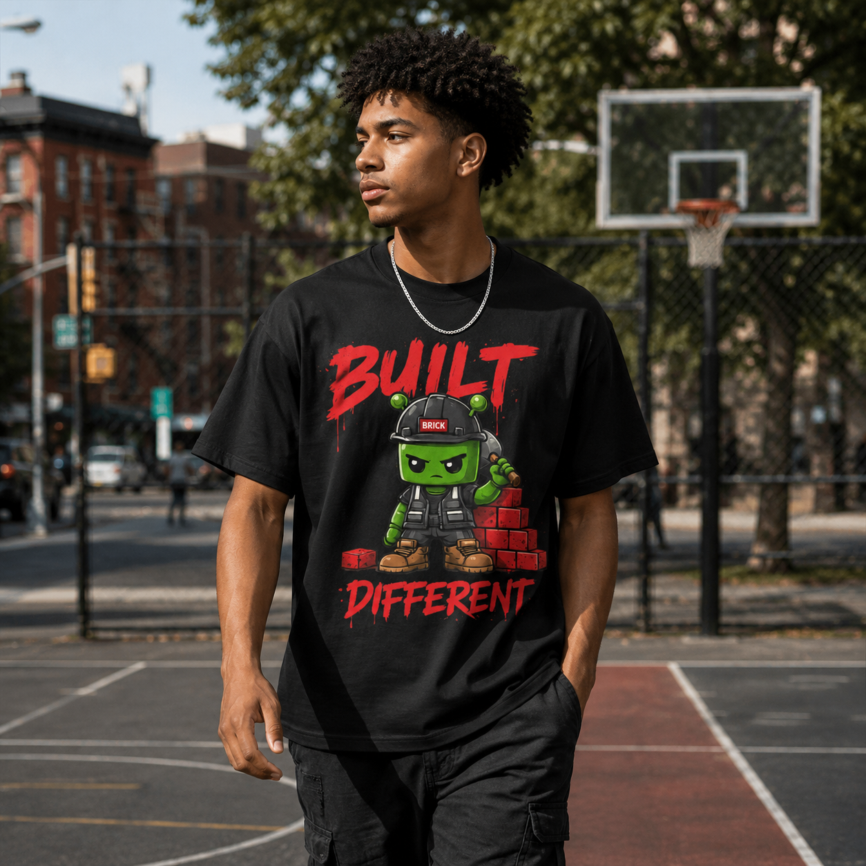 Person wearing a black t-shirt with a graphic design sitting on a basketball court.