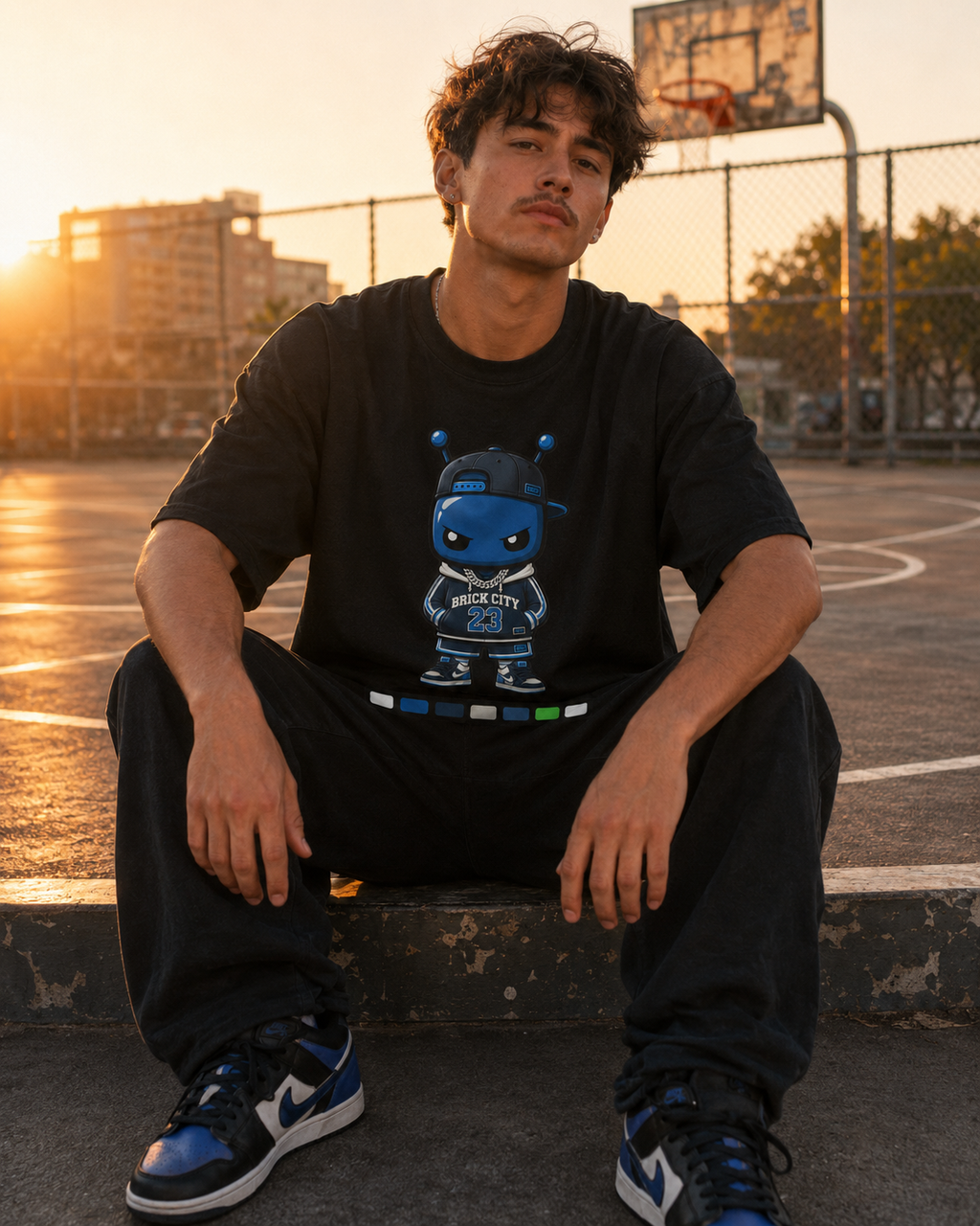 Person wearing a black t-shirt with a graphic design, sitting on a basketball court at sunset.