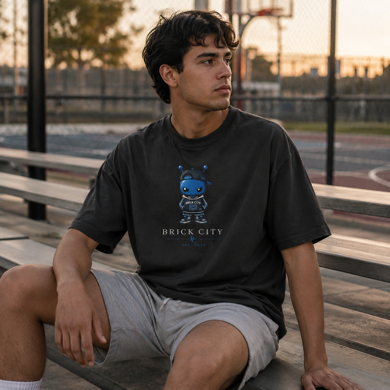 Person wearing a black t-shirt with a graphic design sitting on a bench.