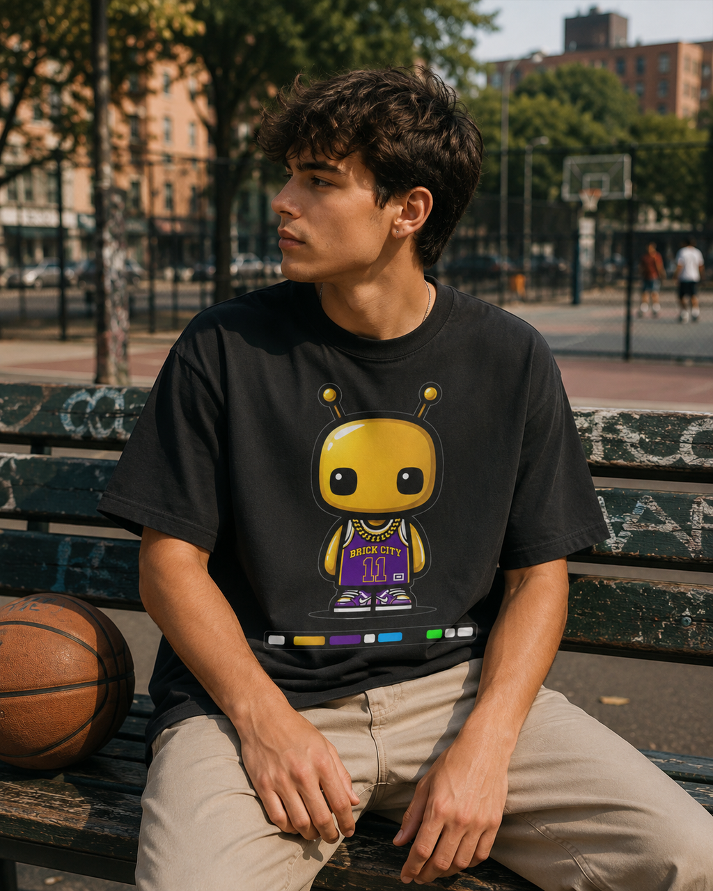 Person wearing a black t-shirt with a yellow robot graphic, sitting on a bench outdoors.
