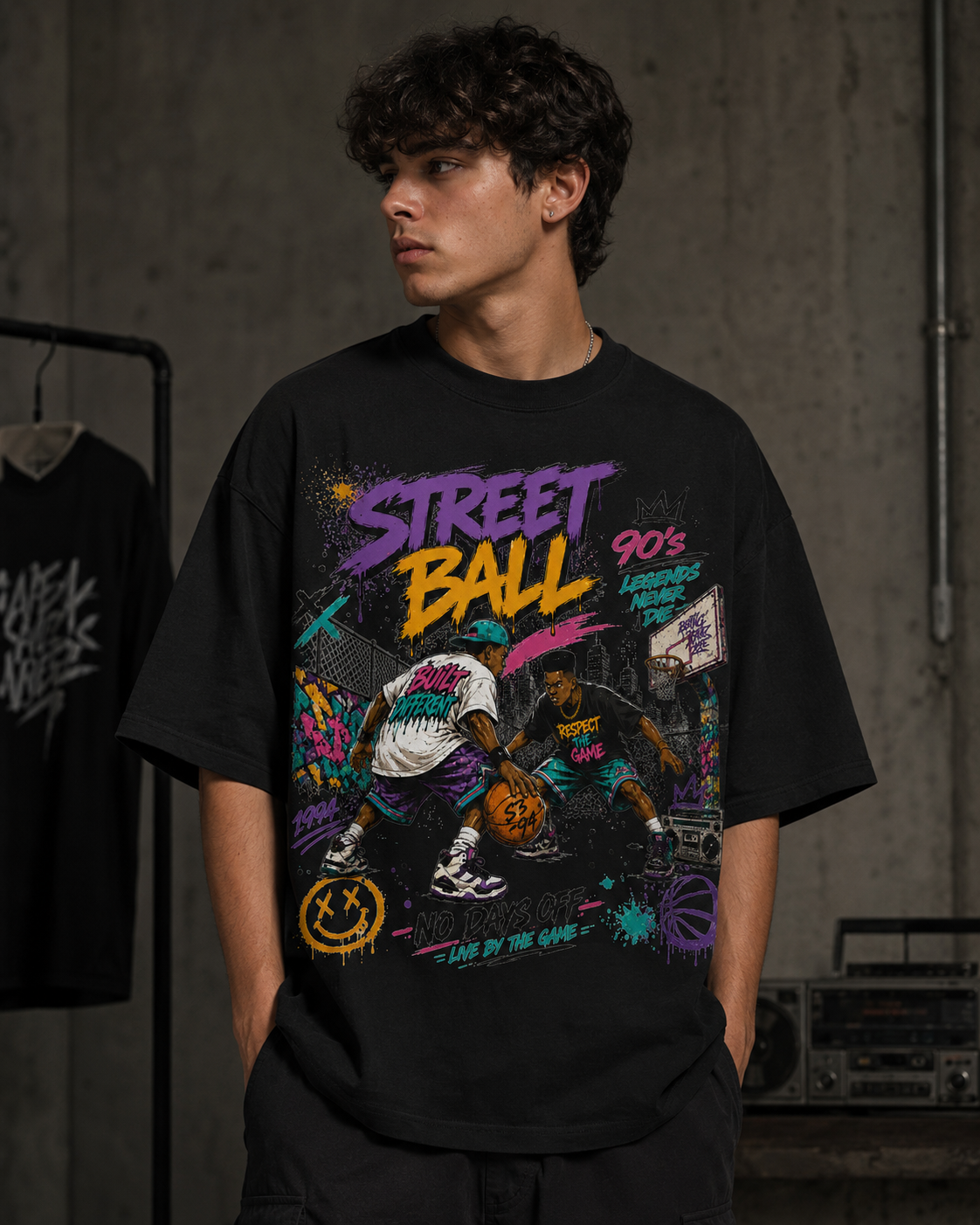Person wearing a black t-shirt with colorful 'Street Ball' graphic design.