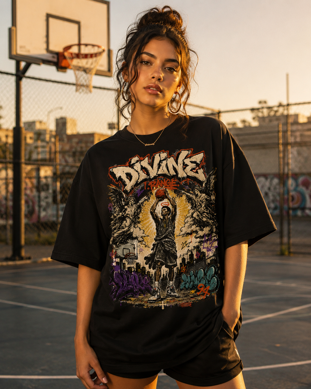 Person wearing a black t-shirt with colorful graphic design on a basketball court.