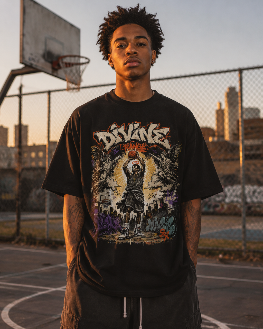 Person wearing a black t-shirt with graphic design on a basketball court