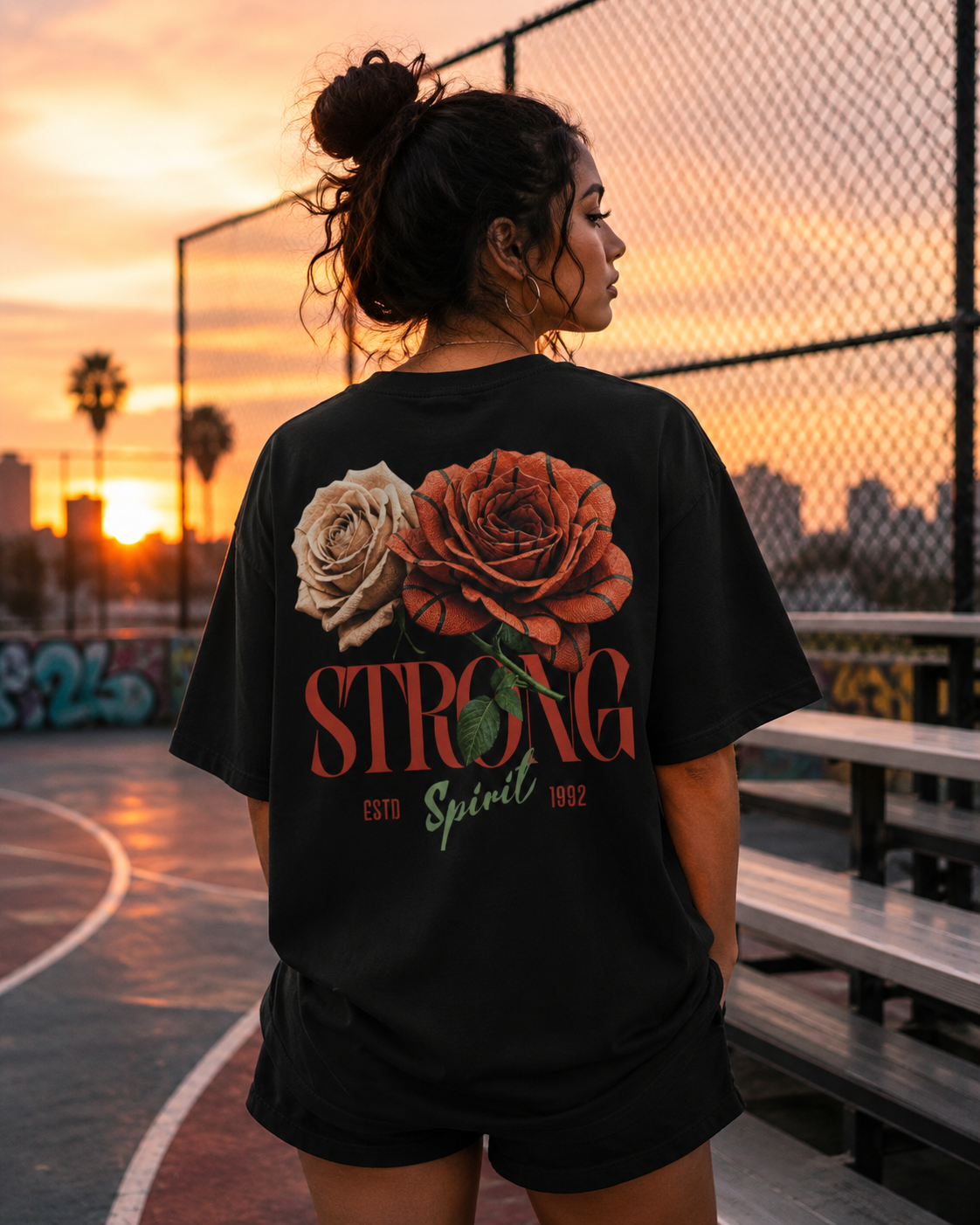 Person wearing a black t-shirt with roses and 'STRONG SPIRIT' text on a basketball court at sunset.