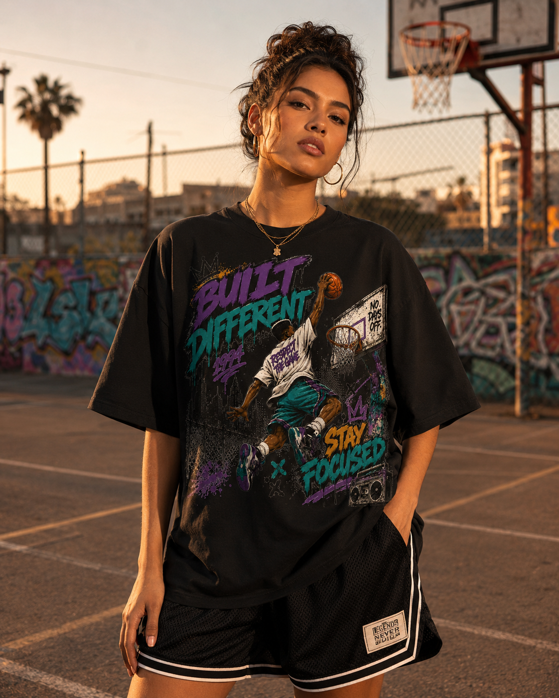Person wearing a graphic t-shirt on a basketball court with graffiti in the background