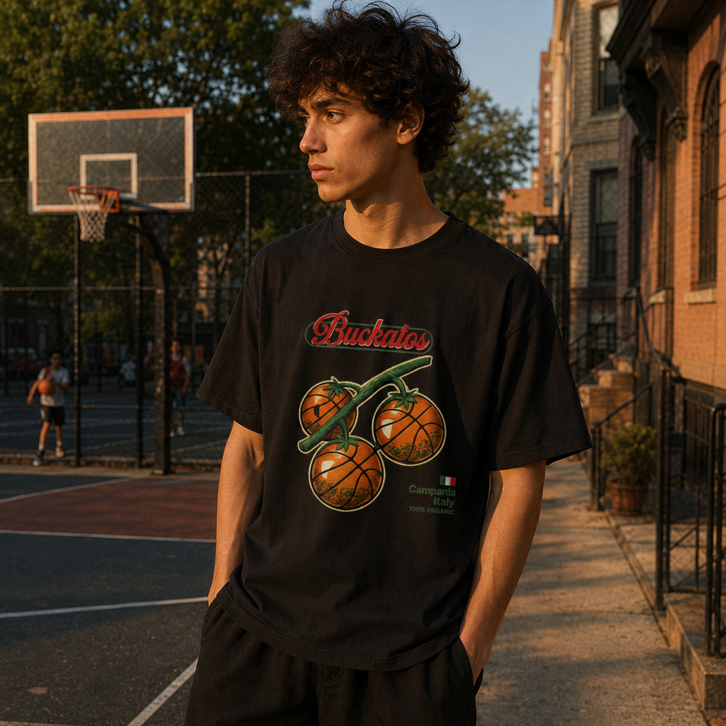 Person wearing a black t-shirt with a graphic design on a basketball court.