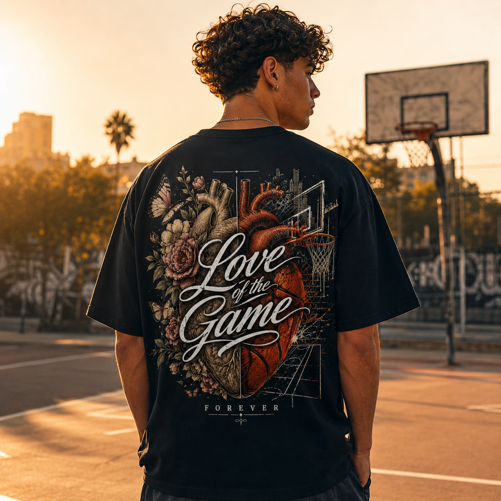 Person wearing a black t-shirt with a graphic design on a basketball court at sunset.