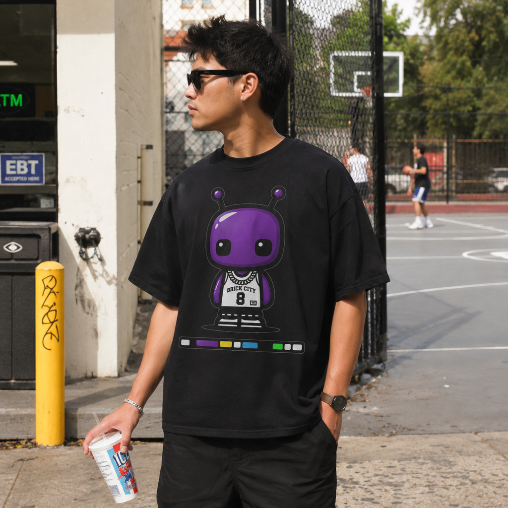 Purple Royalty Tee black oversized basketball graphic t-shirt mockup
