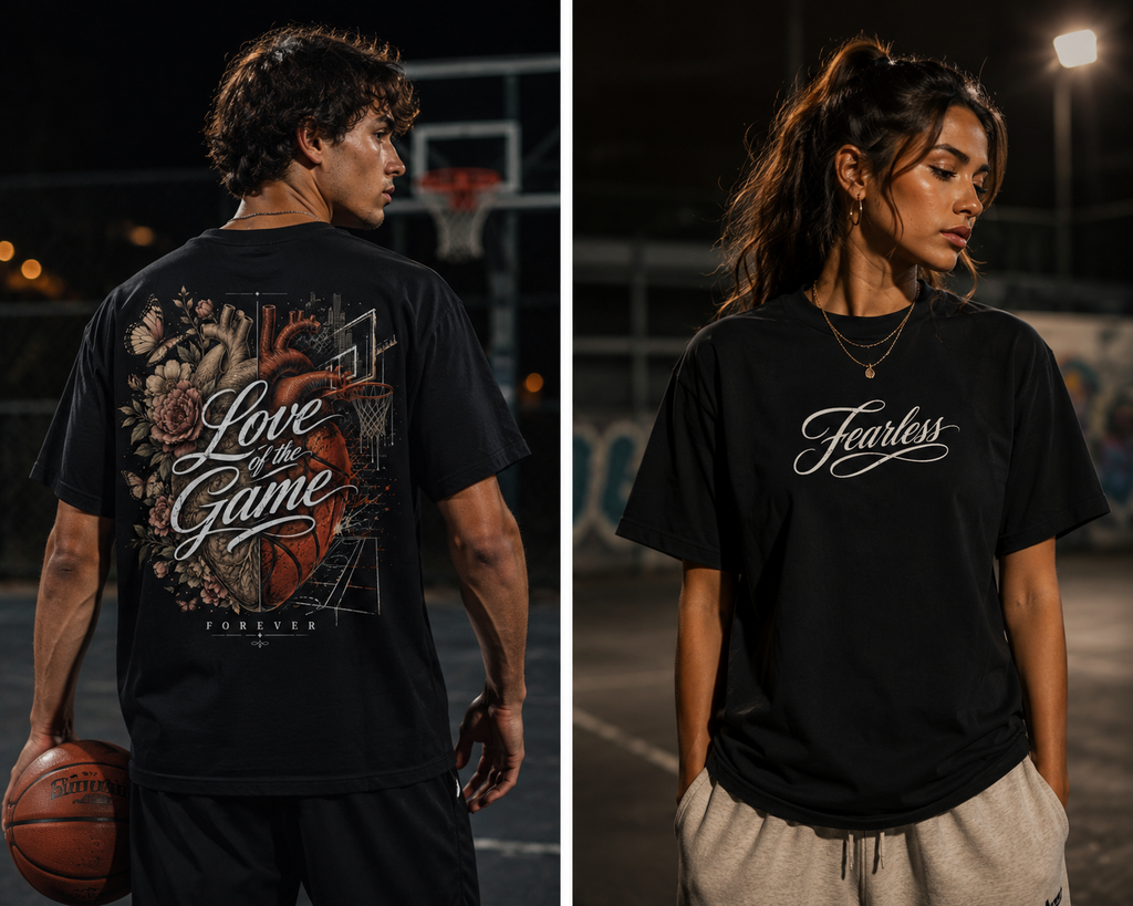 Two people wearing black t-shirts with motivational phrases on a basketball court.