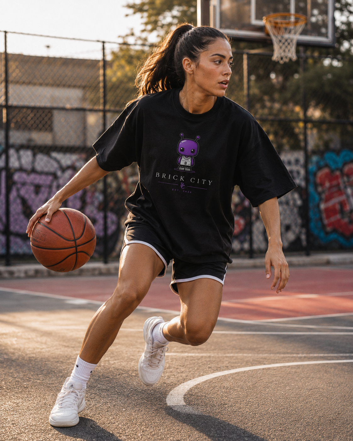 Woman holding a basketball on an outdoor court with graffiti in the background