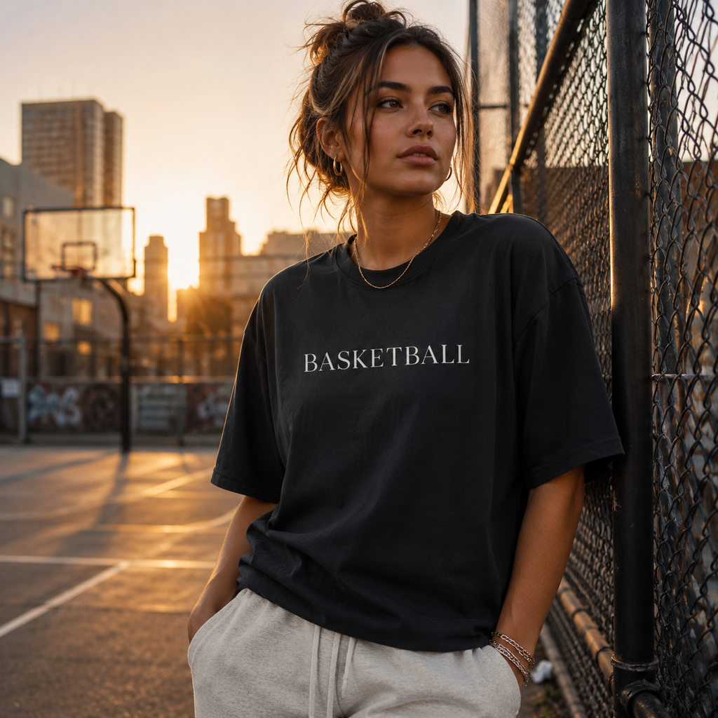 Woman wearing a black 'BASKETBALL' t-shirt on a basketball court at sunset.