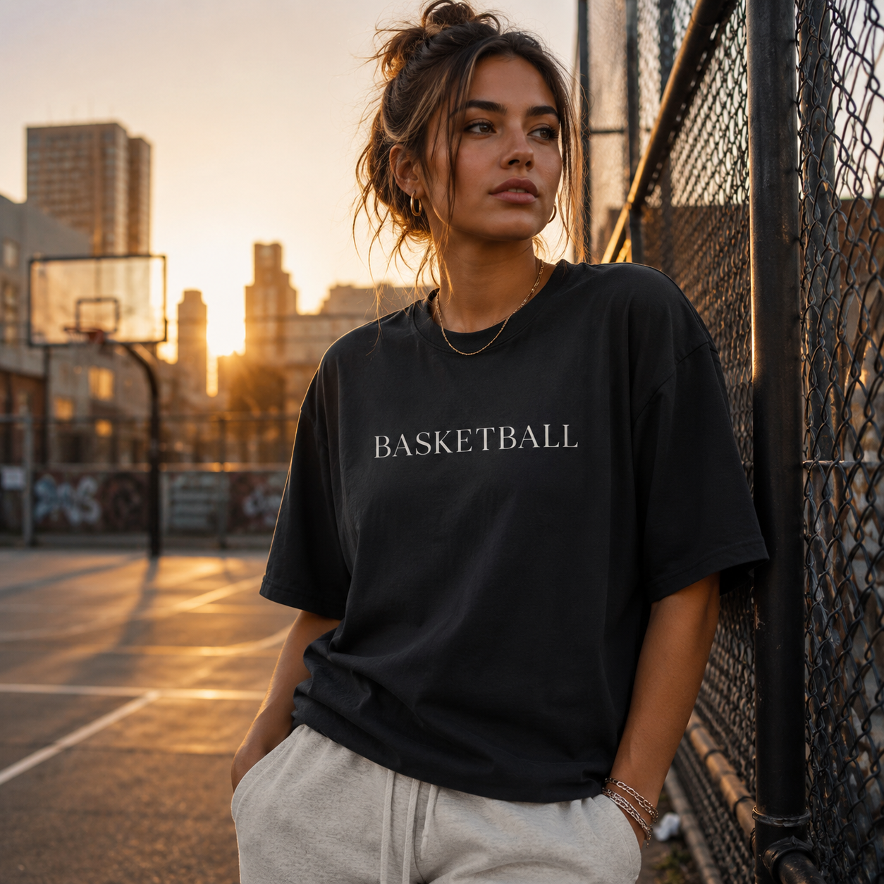 Woman wearing a black 'BASKETBALL' t-shirt on a basketball court at sunset.