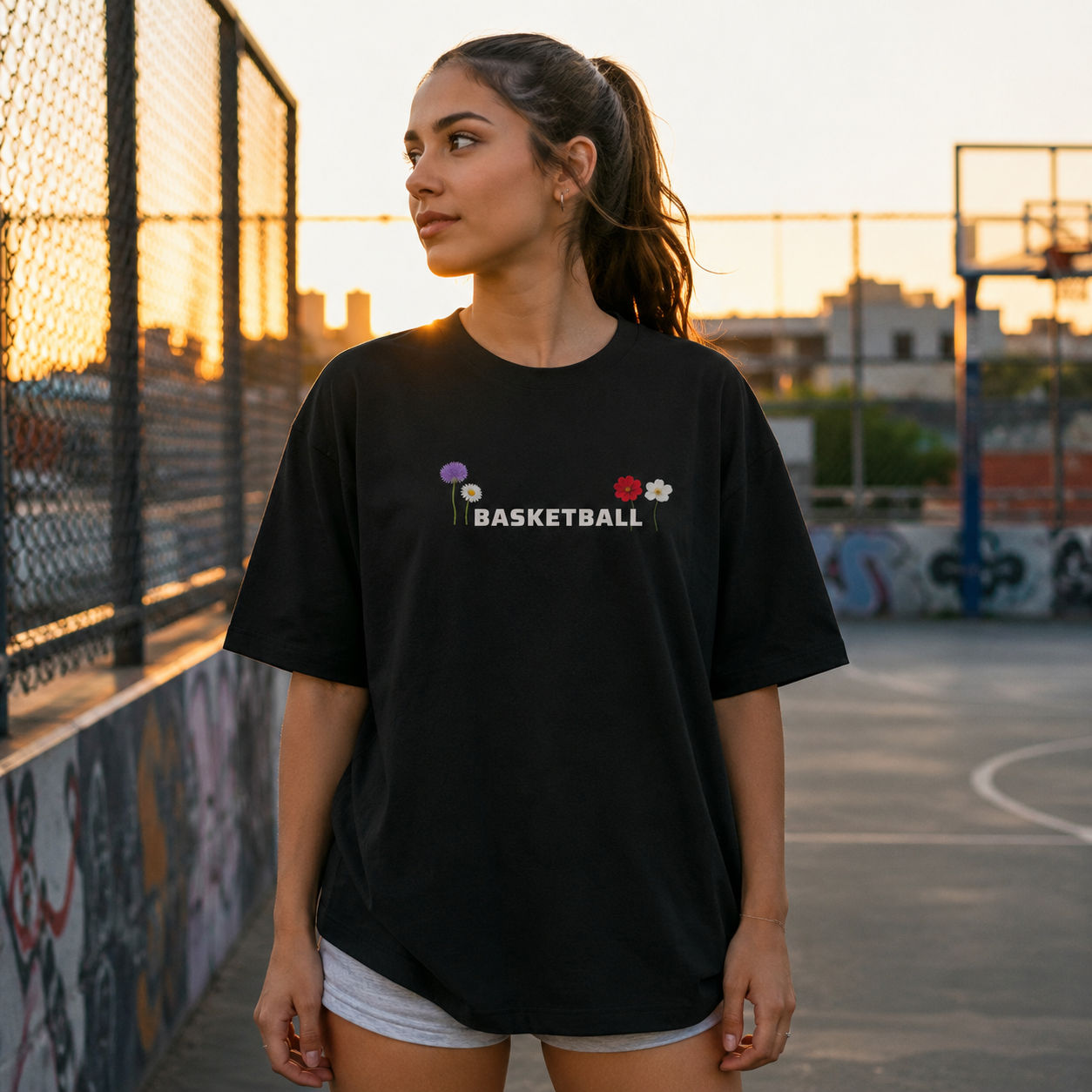 Woman wearing a black t-shirt with 'Basketball' design on a basketball court at sunset.
