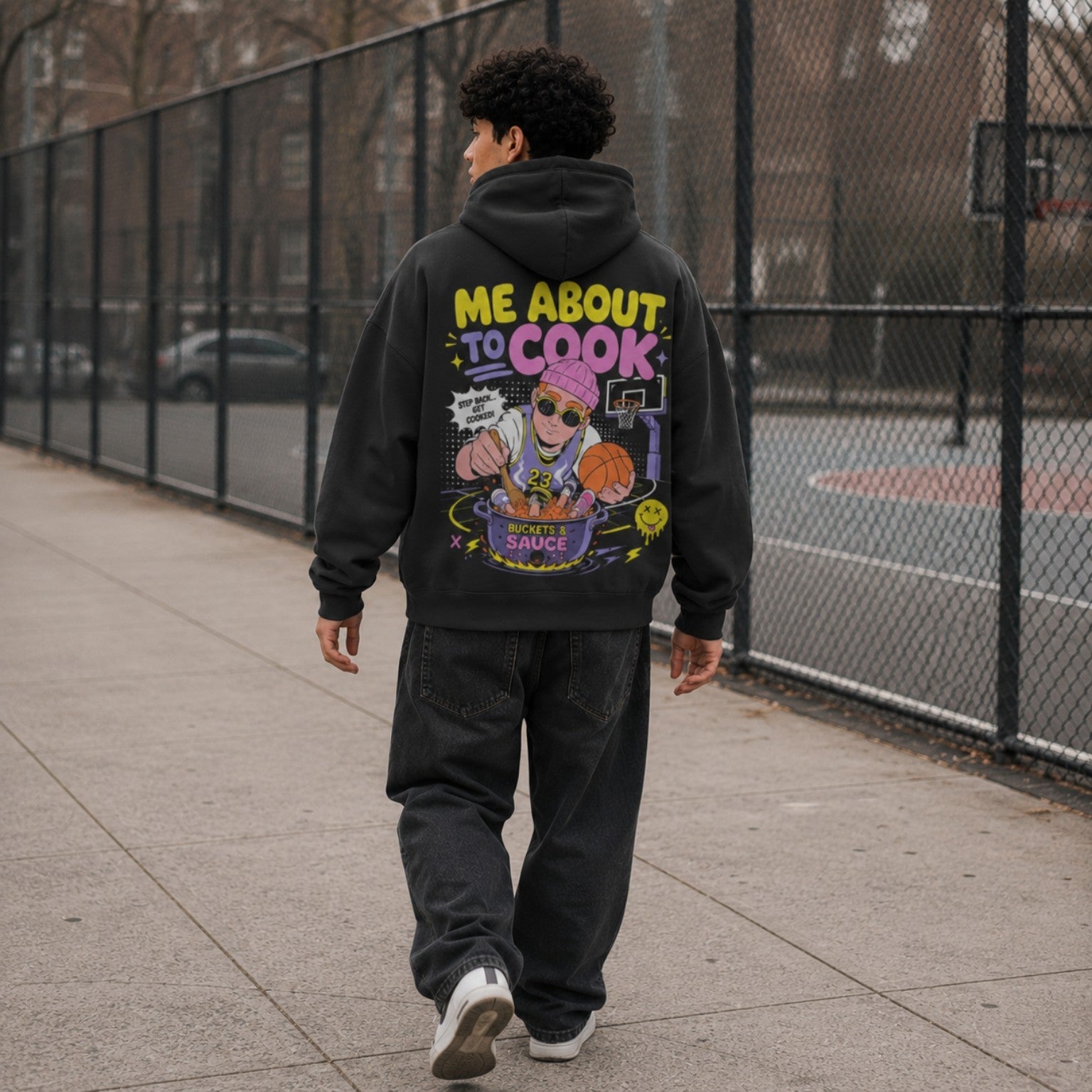 About to Cook Oversized Hoodie black back print walking court lifestyle