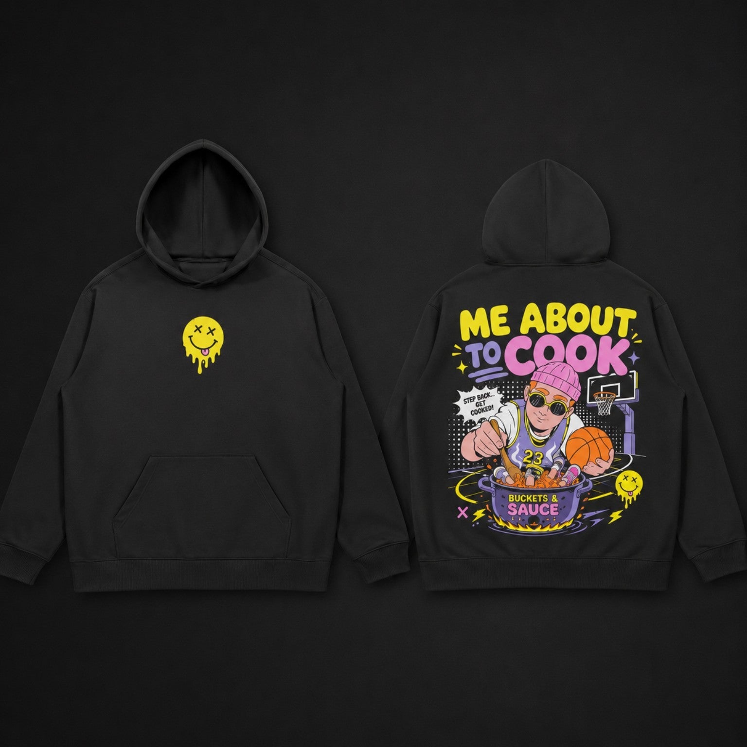 About to Cook Oversized Hoodie black front and back product mockup