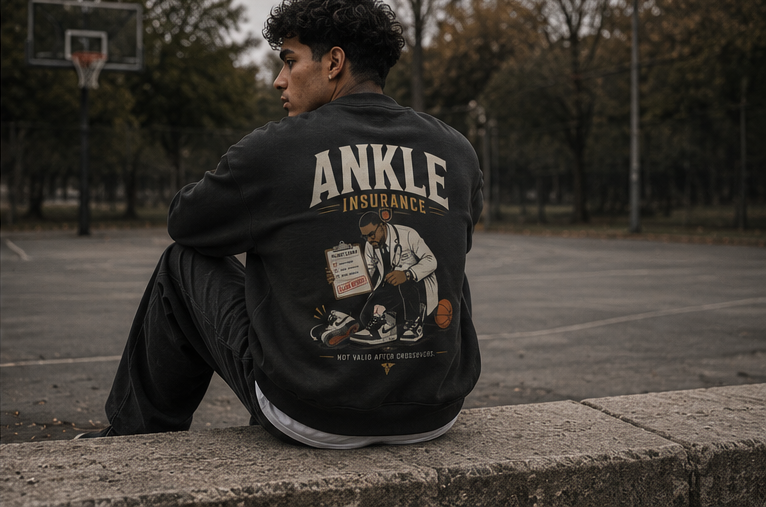 Ankle Insurance Oversized Sweatshirt black back print seated court lifestyle