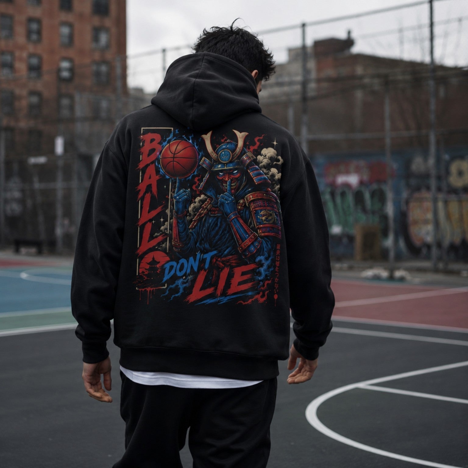Ball Don’t Lie Oversized Hoodie black back print basketball court lifestyle