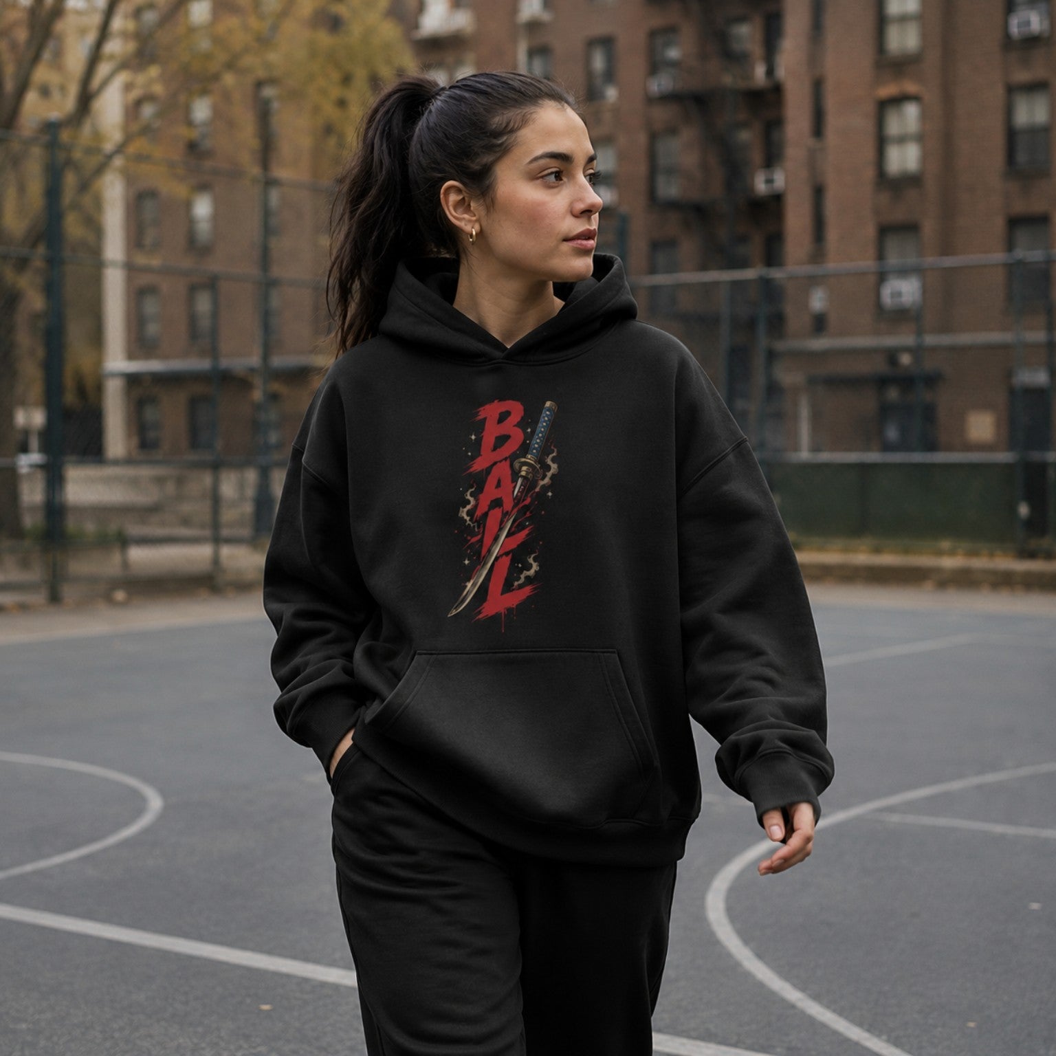 Ball Don’t Lie Oversized Hoodie black front print women’s basketball court lifestyle