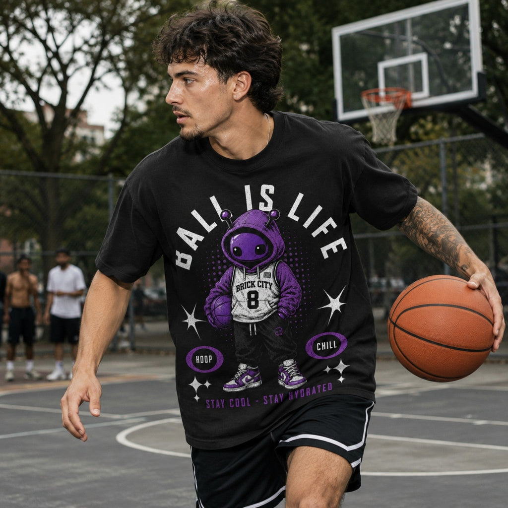Ball Is Life Brick Tee worn during outdoor basketball action lifestyle photo