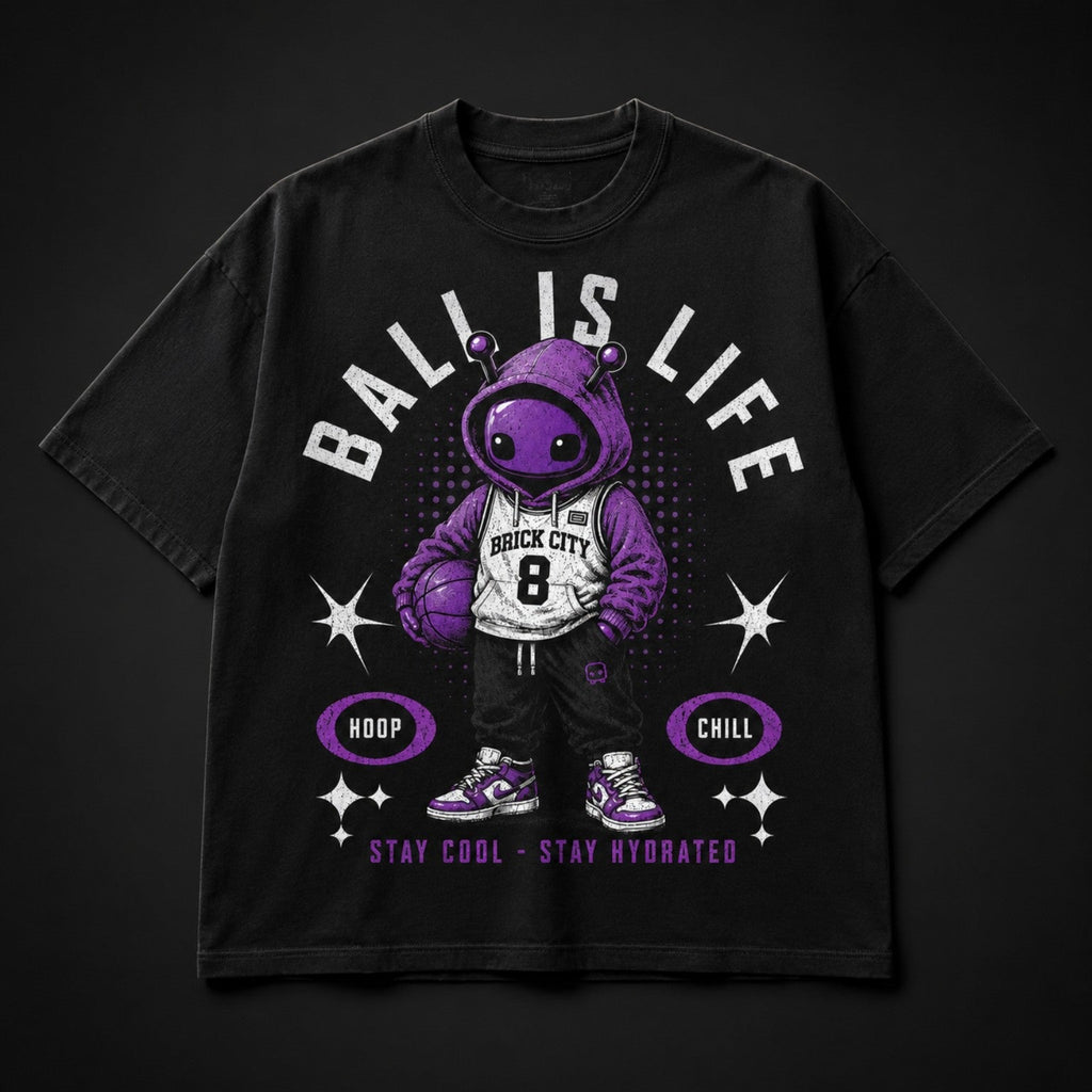Ball Is Life Brick Tee black oversized basketball graphic t-shirt product mockup on dark background