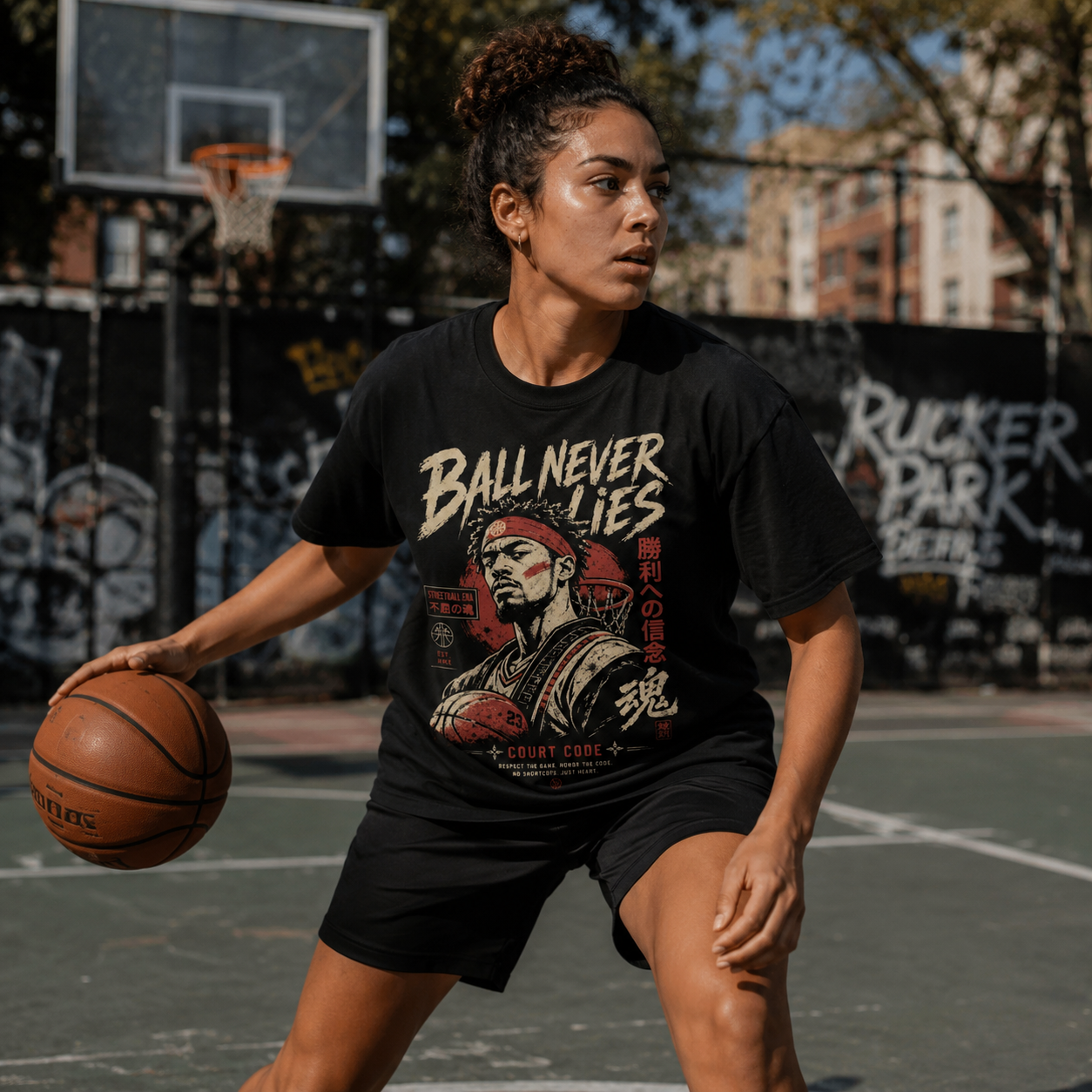 Ball Never Lies Tee worn in outdoor basketball court lifestyle mockup