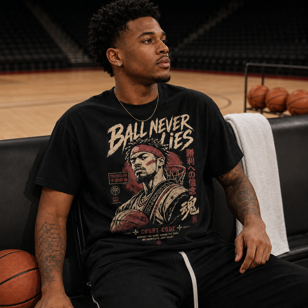 Ball Never Lies Tee anime-inspired basketball graphic tee lifestyle photo