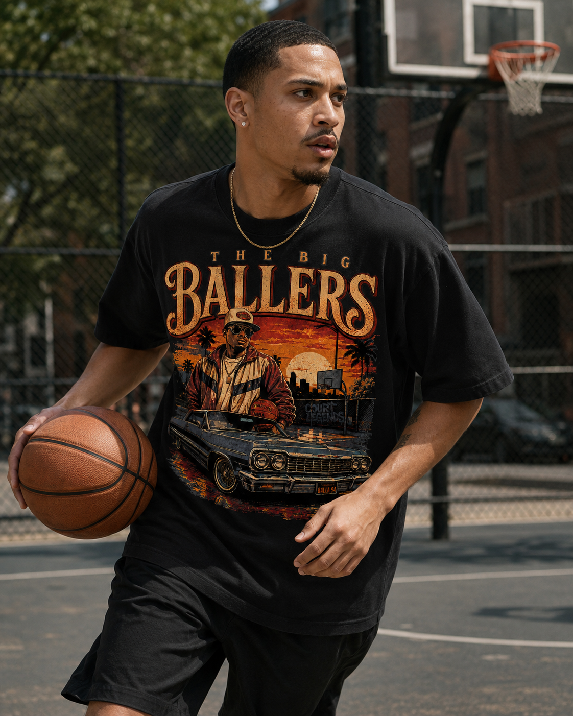 Big Ballers Tee black basketball streetwear lifestyle image on outdoor court