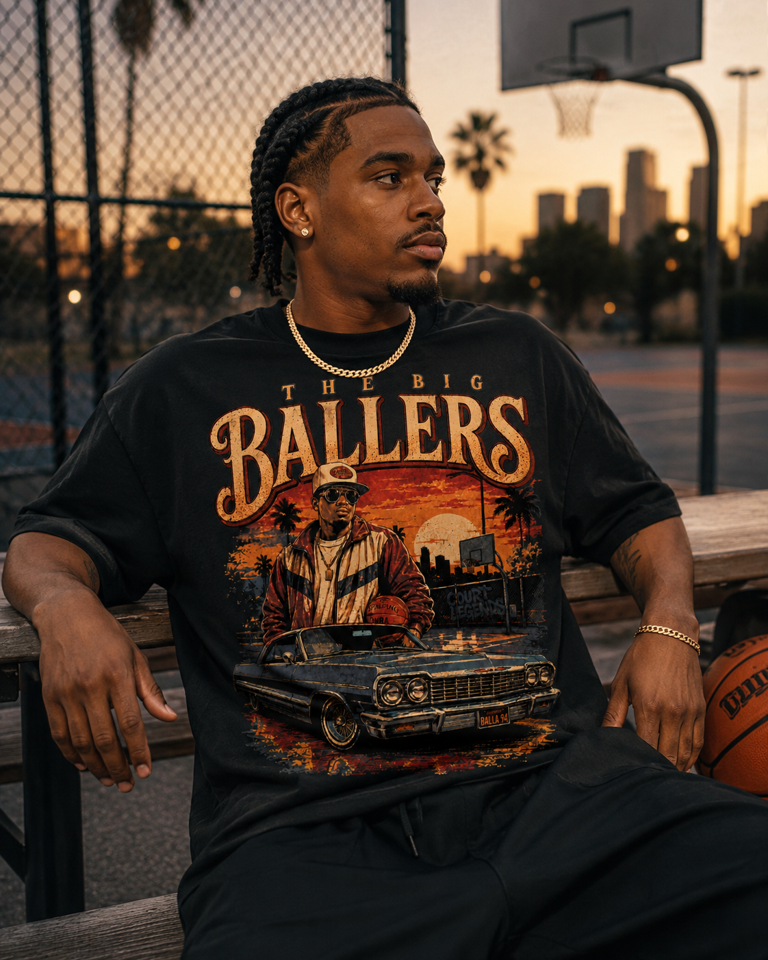 Big Ballers Tee worn courtside in vintage basketball lifestyle setting