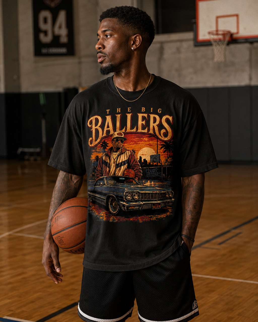 Big Ballers Tee worn in indoor basketball court lifestyle photo