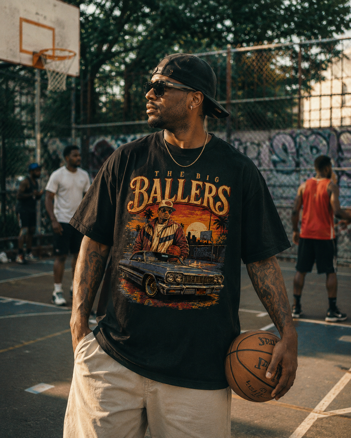 Model wearing Big Ballers Tee on outdoor basketball court in vintage 90s streetball style